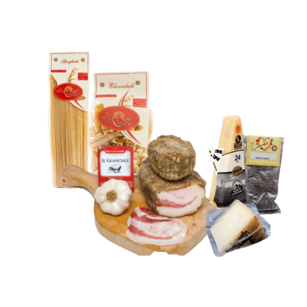 Gutes Set für perfekte Carbonara | Guanciale, Pecorino, Parmigiano Reggiano, schwarzer Pfeffer und Pasta