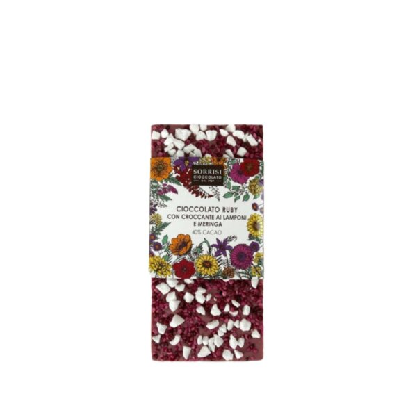 Cioccolato Ruby con croccante ai  lamponi e meringhe 80 g